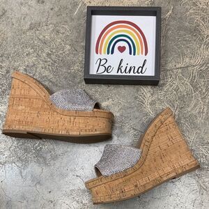 Steve Madden Silver Rhinestone Cork Wedge Sandals